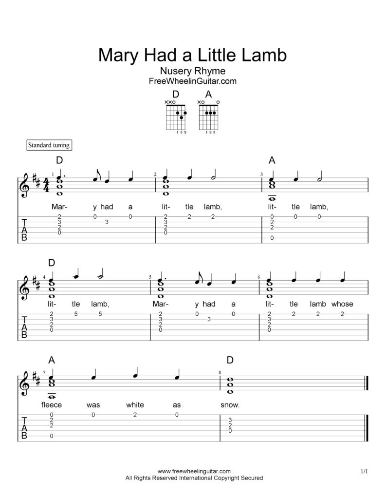 Mary Had a Little Lamb - Tab & Sheet Music - FreeWheelinGuitar.com