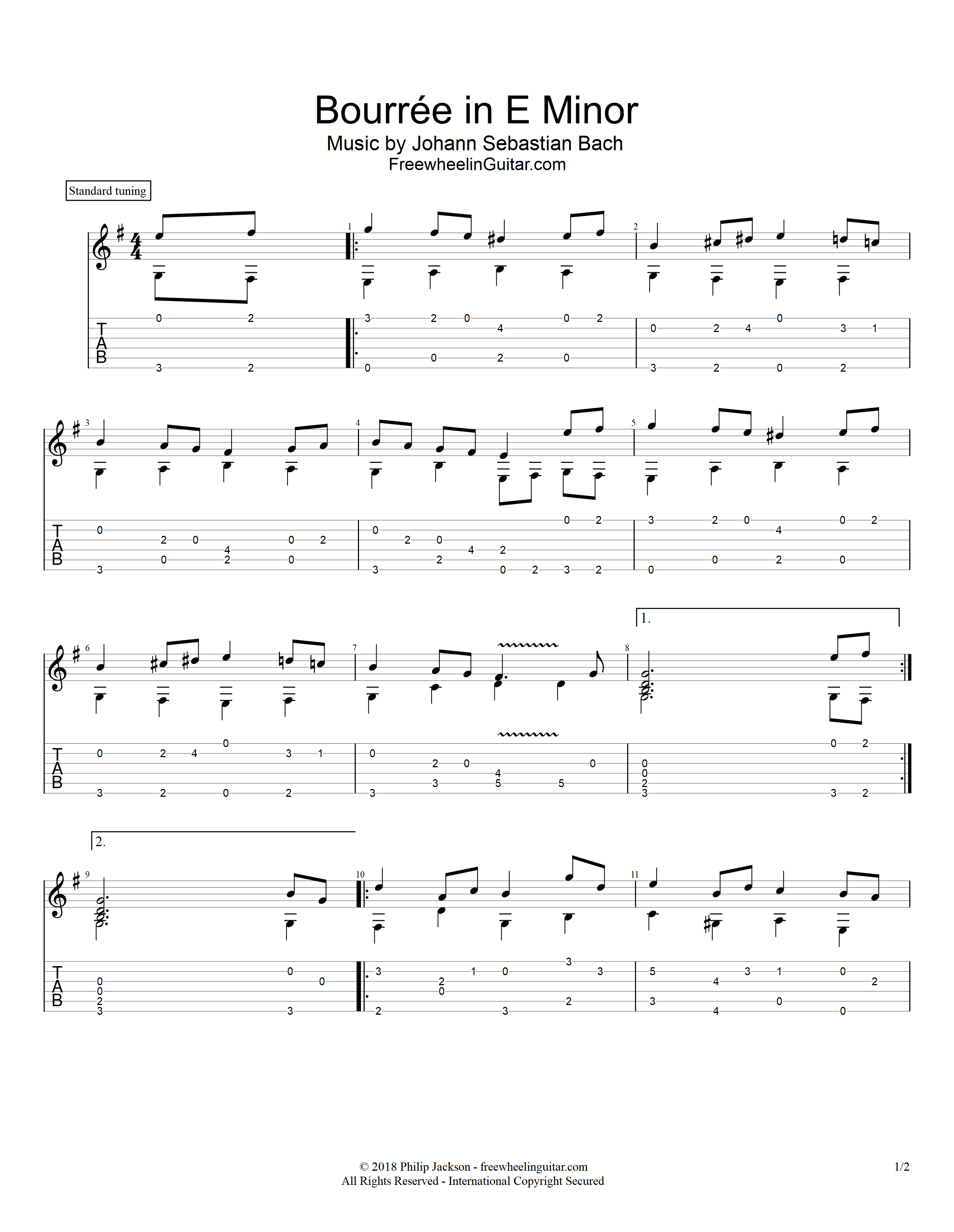 Bourrée in E minor - Solo Guitar Tab - FreewheelinGuitar.com