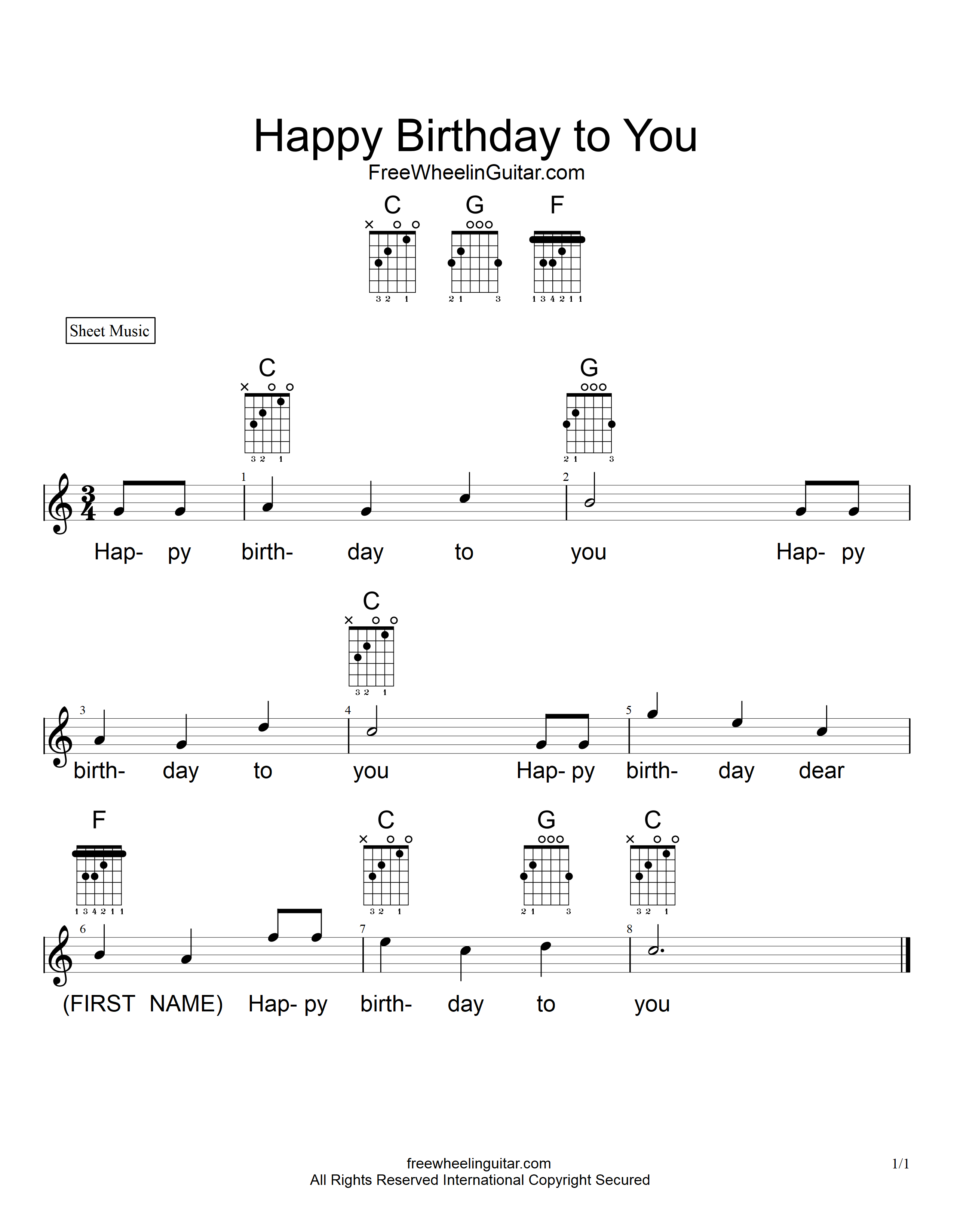 Happy Birthday - Sheet Music - FreewheelinGuitar.com