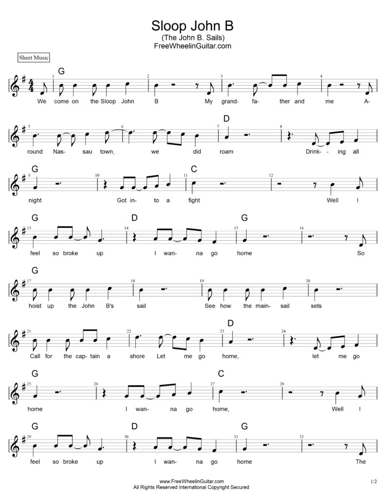 Sloop John B - Sheet Music - FreewheelinGuitar.com