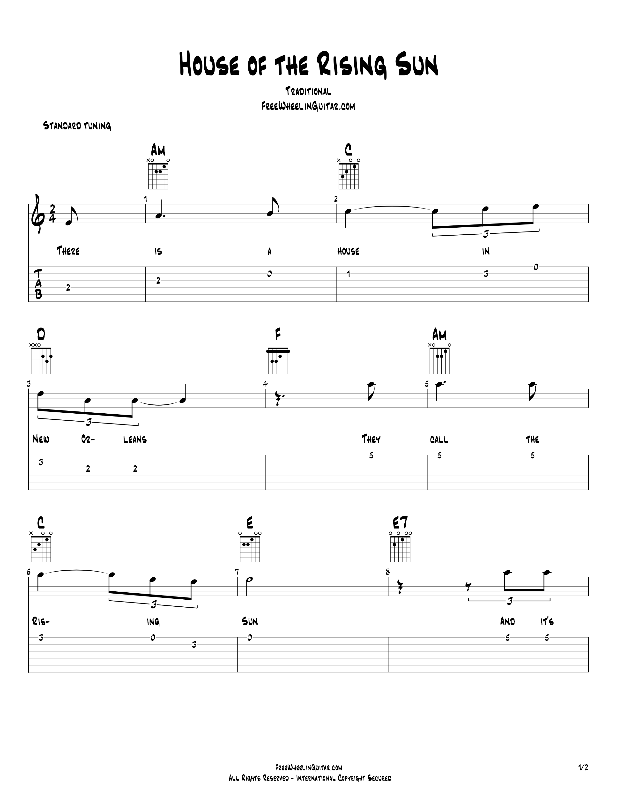 "House of the Rising Sun" Chords and Tab (2 Pages). 
